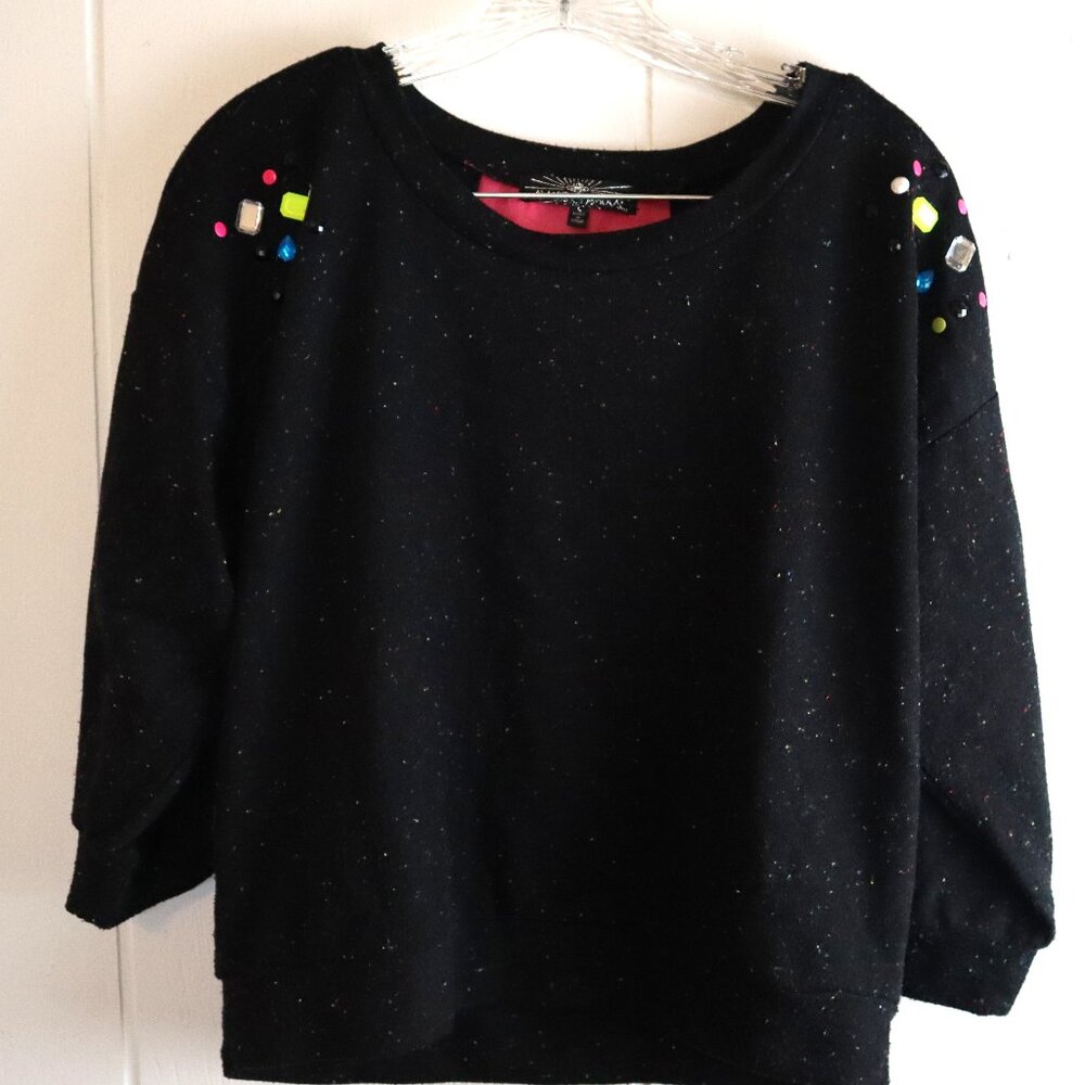 Retro 90s Y2K Black Speckled Neon Gems Hot Sheer Back 3/4 Sleeve Top Womens L